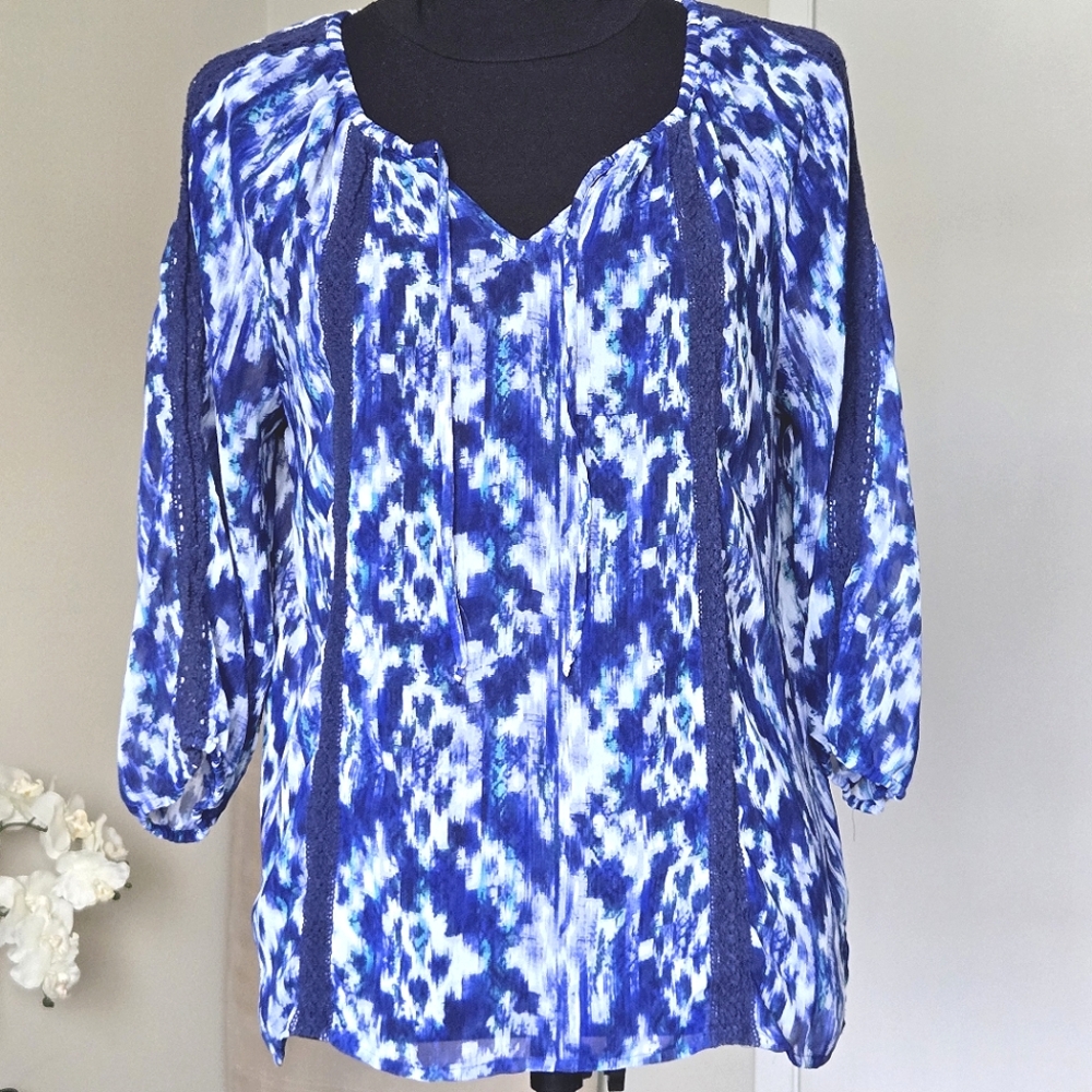 Express Peasant Top Sheer Blue White Watercolor Ikat Blue Lace Trim 3/4 Sleeve